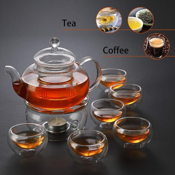 Kendal 27 oz glass filtering tea maker teapot with a warmer and 6 tea cups CJ-80 - Picture 5 of 7